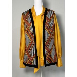Vintage 70s Mustard Shirt &‎ Geometric Knit Vest Set Retro Boho Mod Festival S/M